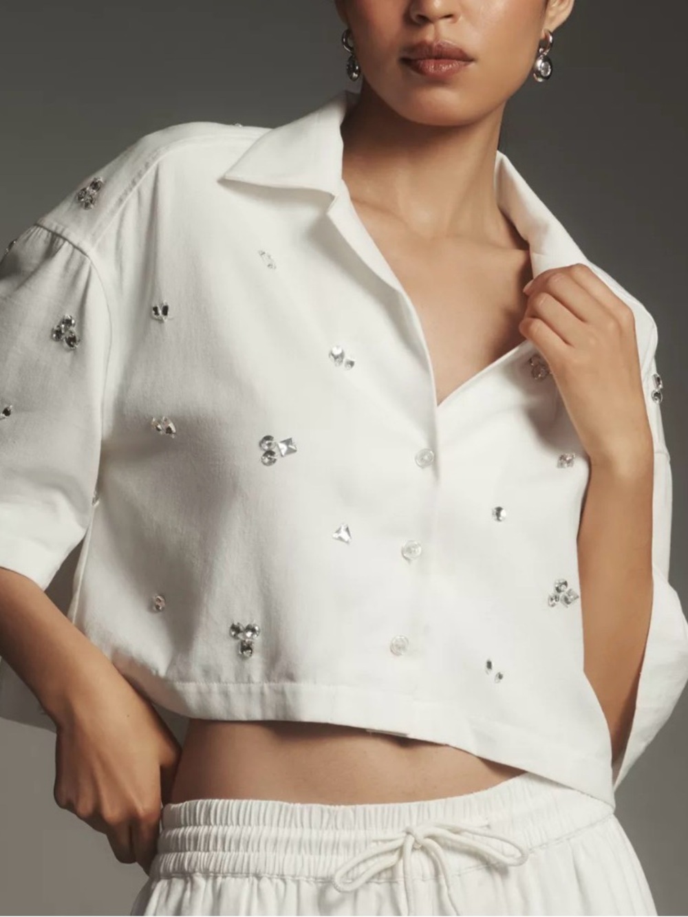Anthropologie White Cropped Embellished Button-Up Jacket
